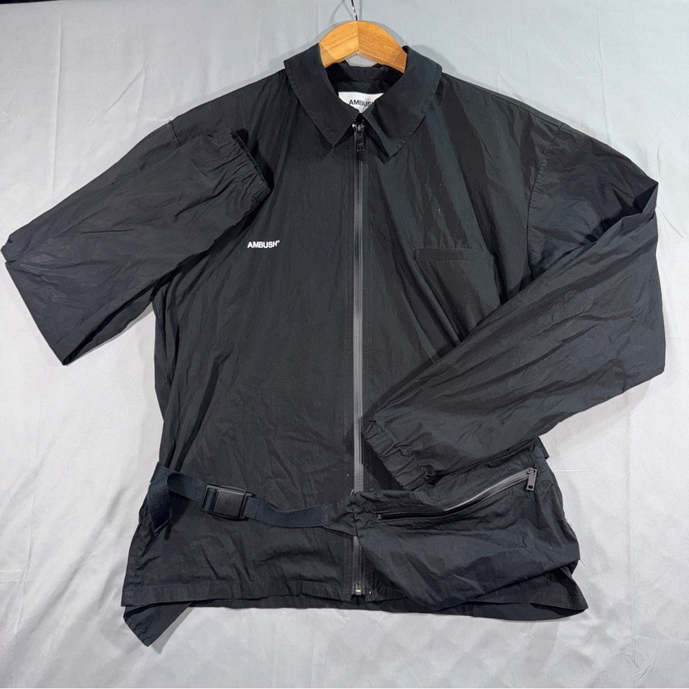 AMBUSH Windbreaker Jacket Mens Large Black Belted Zip Pocket Nylon Lightweight